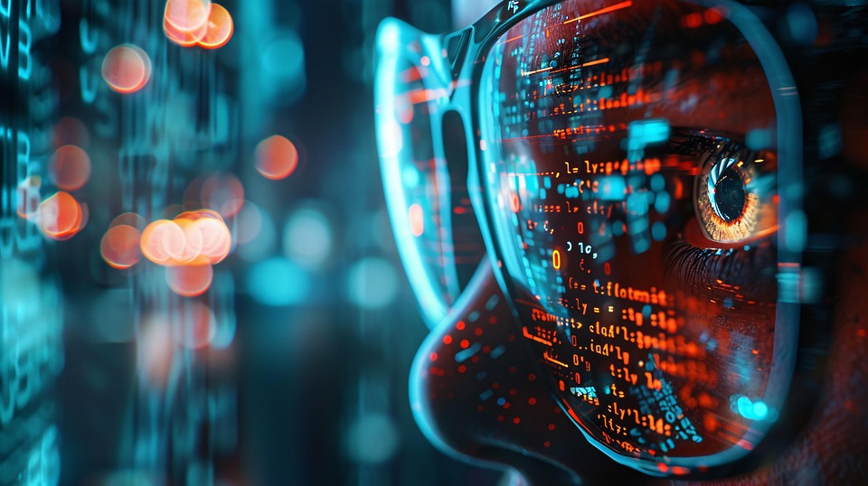 Tecnología e innovación para la educación y capacitación Primer plano de una persona con gafas, reflejando líneas de código en sus lentes, con un enfoque en el ojo y un fondo borroso de luces digitales. Representa la inmersión en tecnología, programación o inteligencia artificial